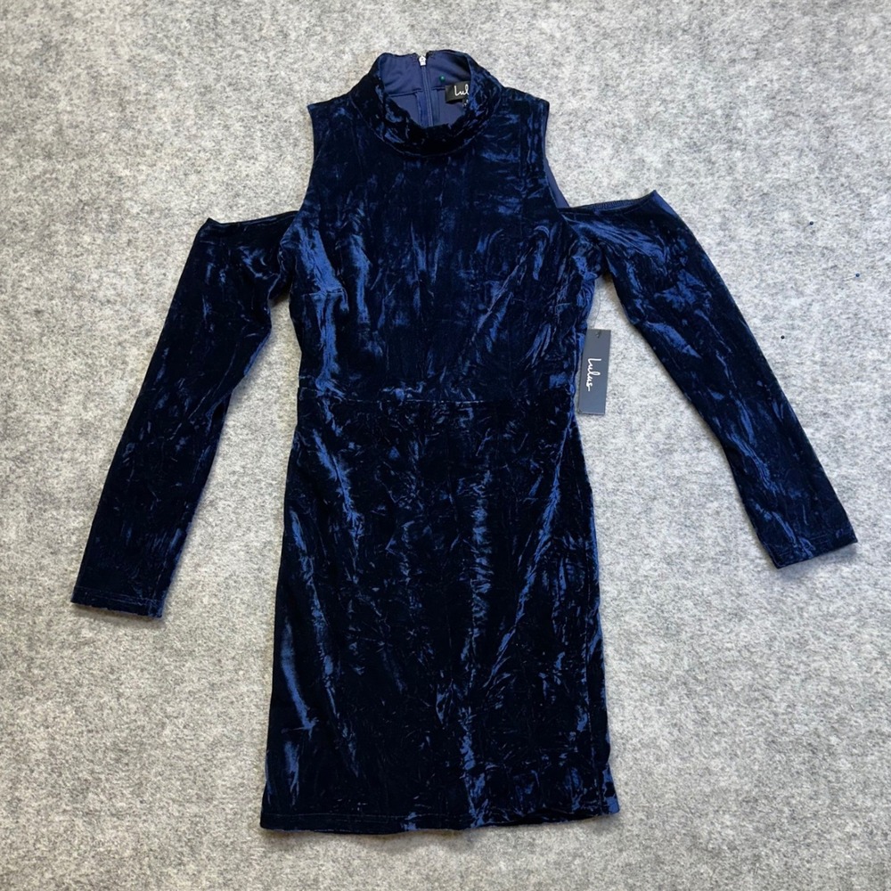 Lulus Velvet Mini Dress Womens Medium Navy Blue Cold Shoulder Mock Neck Dress